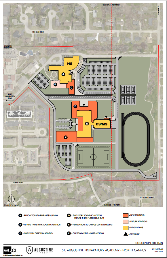 A map depicts the plan for a new St. Augustine Preparatory Academy campus at the former Cardinal Stritch University campus.