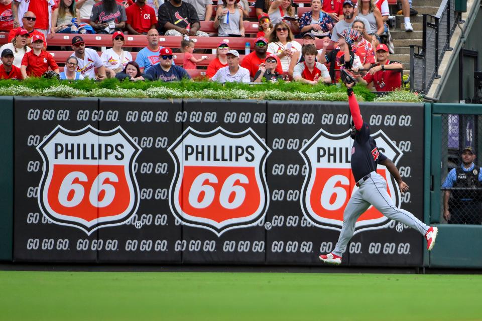 Sep 22, 2024; St. Louis, Missouri, USA; Cleveland Guardians right fielder Jhonkensy Noel (43) leaps and catches a line drive hit by St. Louis Cardinals third baseman Nolan Arenado (not pictured) during the fourth inning at Busch Stadium. Mandatory Credit: Jeff Curry-Imagn Images