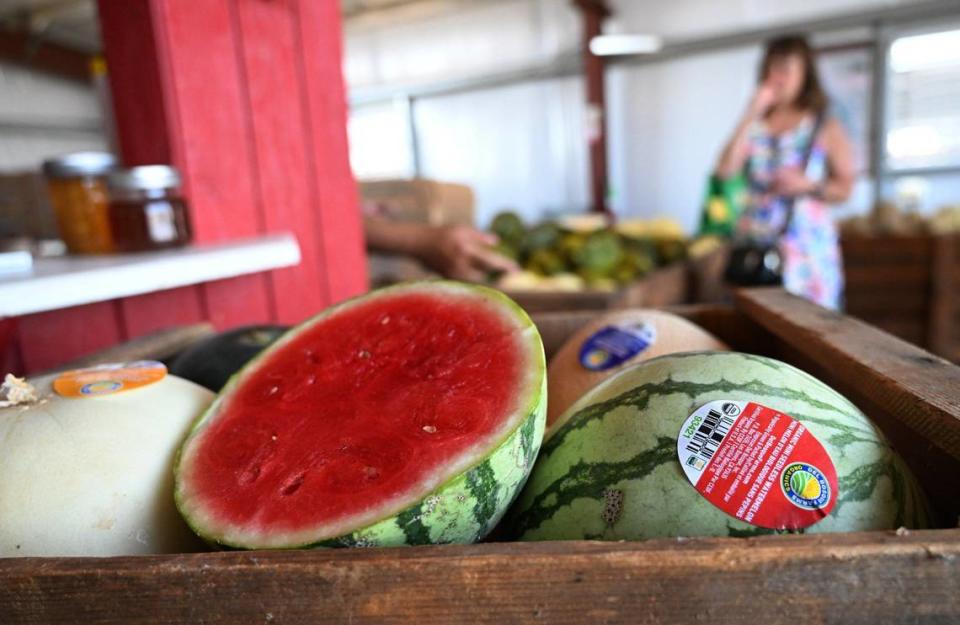 Joe Del Bosque, de Del Bosque Farms, vende una gran variedad de melones en su puesto de fruta de Shields Avenue, cerca de la I-5, en el extremo oeste del Valle. Fotografiado el lunes 15 de julio de 2024.