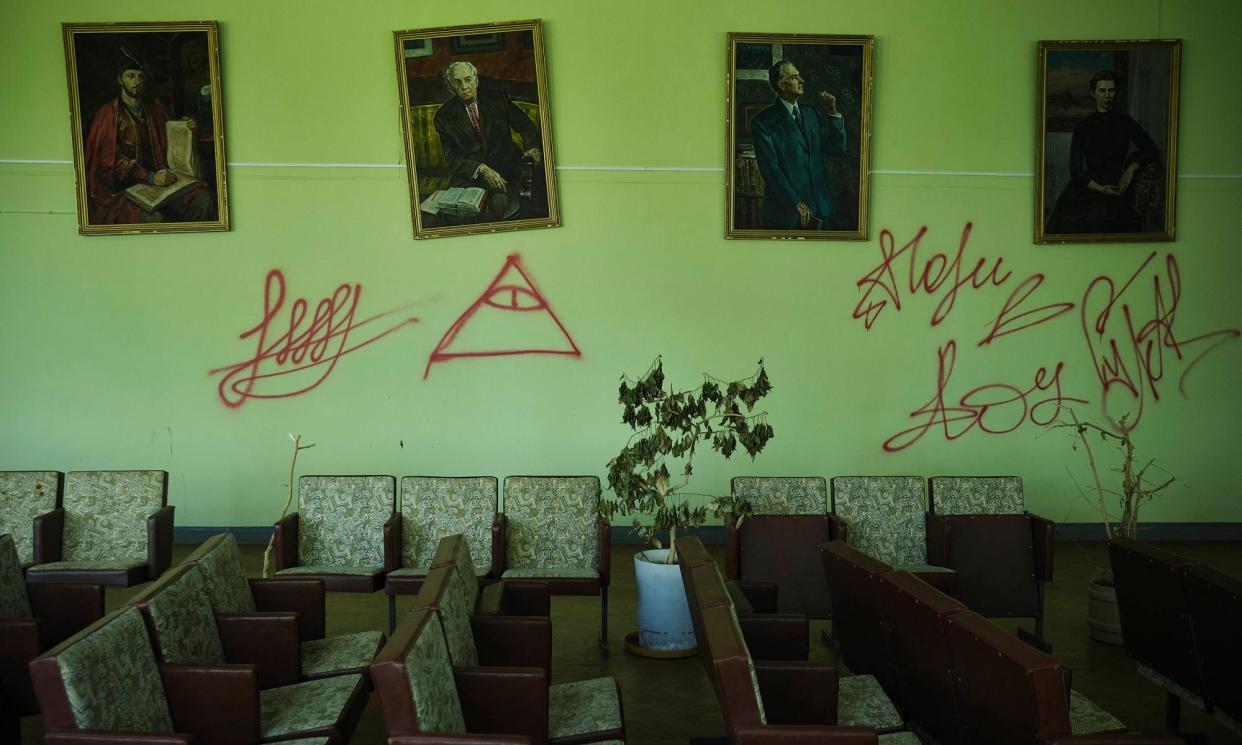 <span>Graffiti made by Russian soldiers at Chornobyl.</span><span>Photograph: SOPA Images/LightRocket/Getty Images</span>