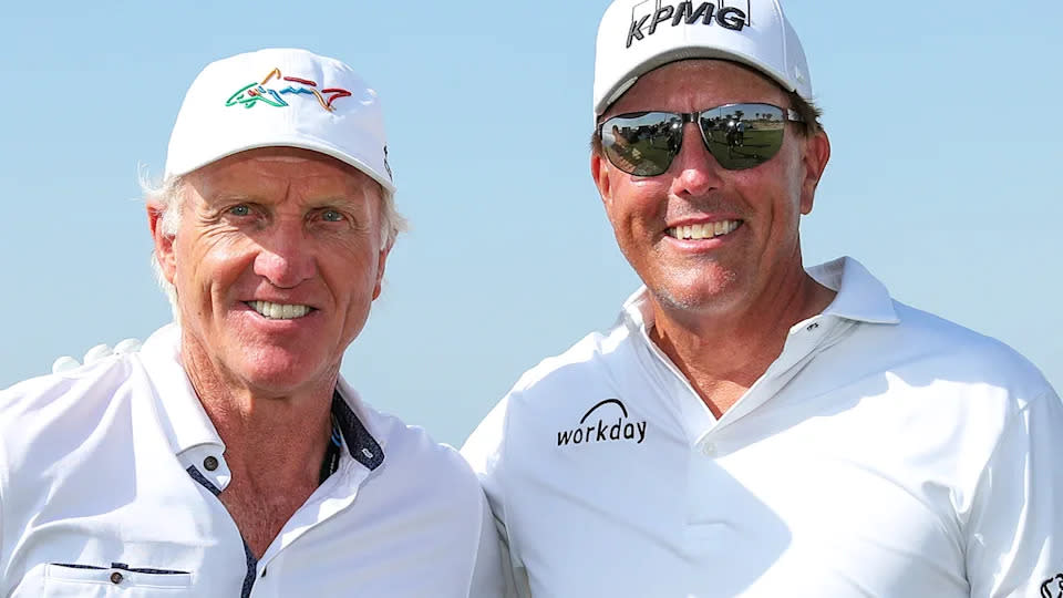 From left to right, Greg Norman and Phil Mickelson at the PIF Saudi International in February 2022.