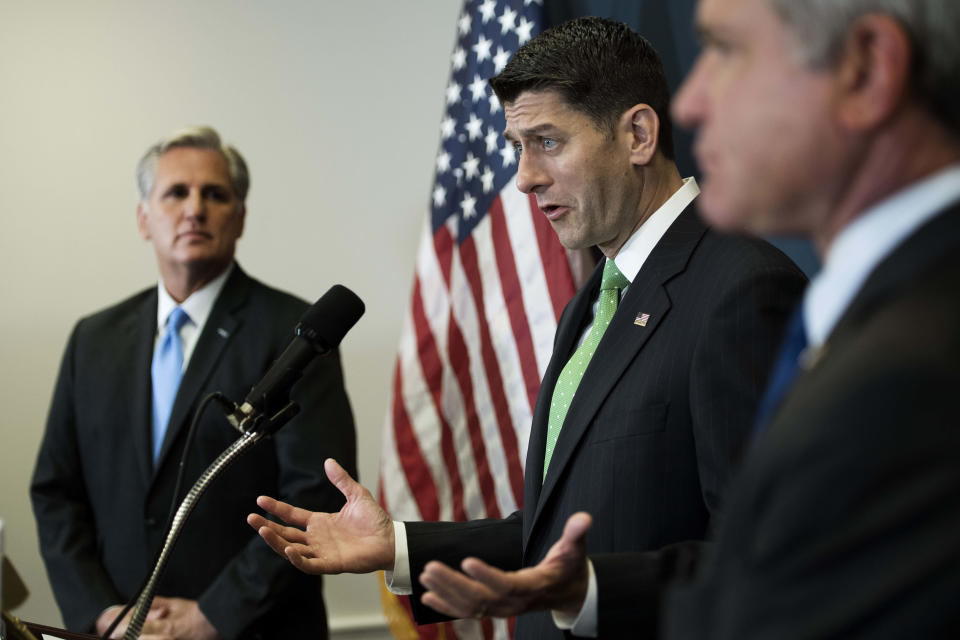 House Speaker Paul Ryan (R-Wis.), with House Majority Leader Kevin McCarthy (R-Calif.), left, speaks at&nbsp;a press conference&nbsp;on Capitol Hill on Wednesday. Ryan reportedly hates the Senate filibuster rule. McCarthy proposed ending the filibuster on spending bills. (Photo: JIM WATSON/AFP/Getty Images)