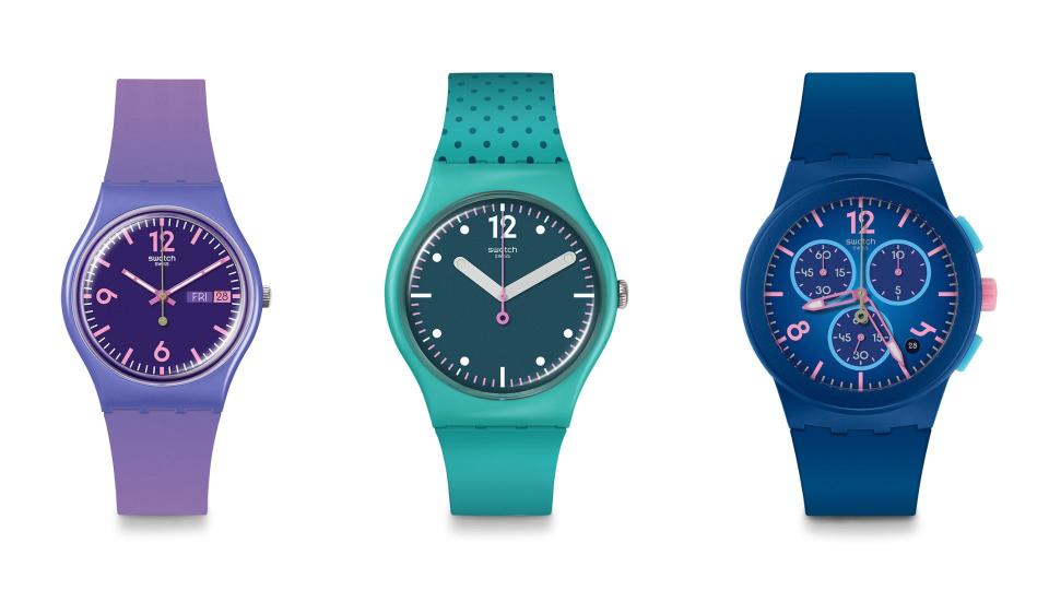 The three Swatch watches inspired by surfing, volleyball and skateboard, released for the Paris 2024 Olympic Games.