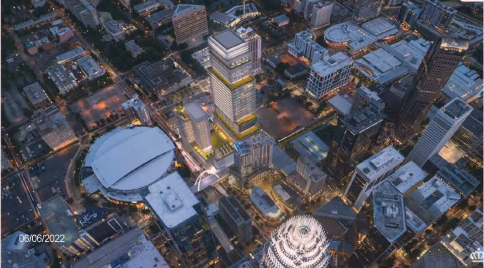 A rendering shows the proposed Charlotte Hornets practice facility, a high-rise building in place of the Charlotte Transportation Center next to the Spectrum Center. City of Charlotte screenshot