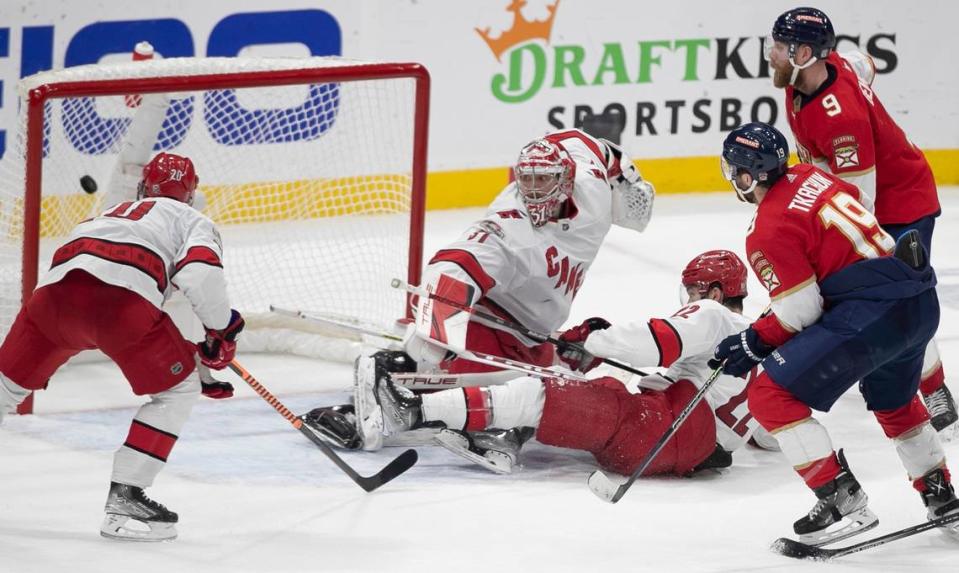 The Florida Panthers Matthew Tkachuk (19) scores the game winning goal on Carolina Hurricanes goalie Frederik Andersen (31) with five seconds to play in the third period to secure a 4-3 victory and clinch the Eastern Conference Finals on Wednesday, May 24, 2023 at FLA Live Arena in Sunrise, Fla.