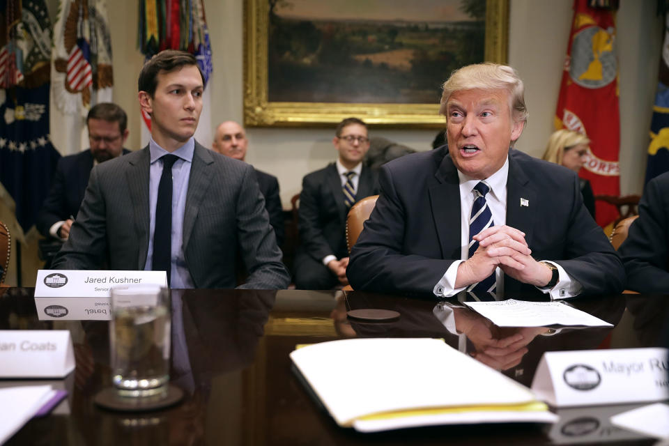 President Donald Trump delivers remarks at the beginning of a meeting with his son-in-law and senior adviser, Jared Kushner, and government cybersecurity experts at the White House on Jan. 31, 2017. Citing the hack of computers at the Democratic National Committee by Russia, Trump said that the private and public sectors must do more to prevent and protect against cyberattacks.