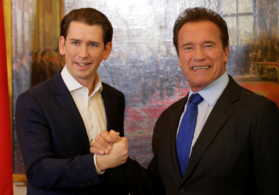 Schwarzenegger mit Österreichs Bundeskanzler Sebastian Kurz Ende Januar in Wien (Bild: AP Photo)