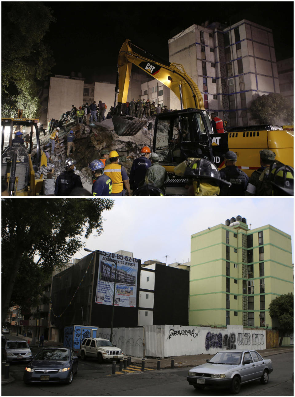 This photo combination shows the site at the corner of Torreon and Viaducto Miguel Aleman where an apartment building collapsed in last year's 7.1 magnitude earthquake, during rescue operations just after midnight on Sept. 20, 2017, top, and one year later on Sept. 17, 2018, long after the rubble had been removed, in Mexico City. The slow pace of demolition, let alone rebuilding, is frustrating both to those who lost their homes and to those left living amid shattered eyesores that look like they could collapse at any time onto sidewalks and streets still cordoned off after the 2017 quake. (AP Photos/Rebecca Blackwell)