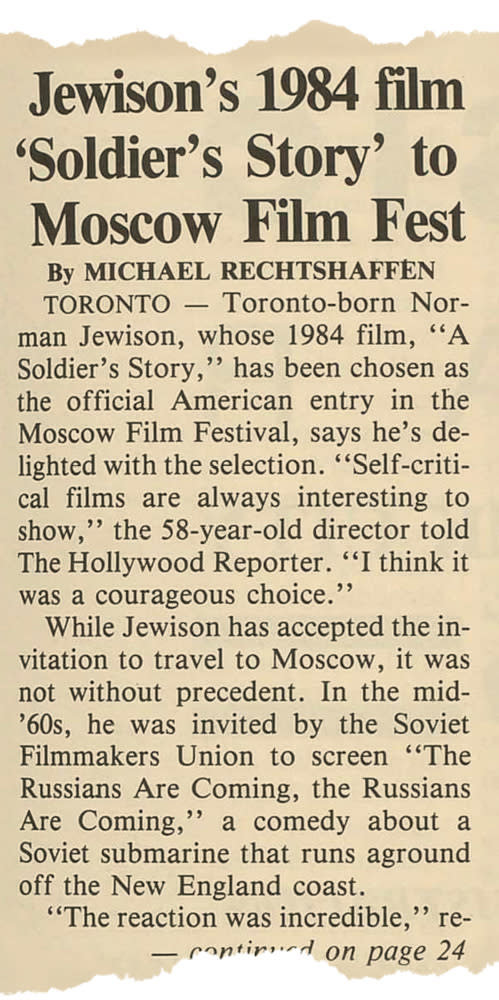 Norman Jewison was invited to screen The Russians Are Coming the Russians Are Coming in Moscow, as he recalled to THR in 1985 after his ‘A Soldier’s Story’ was selected for the Moscow Film Festival. - Credit: The Hollywood Reporter