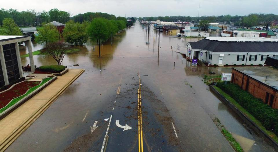 An image captured by a drone of flooding in downtown West Point, a day after a tornado ripped through the area.