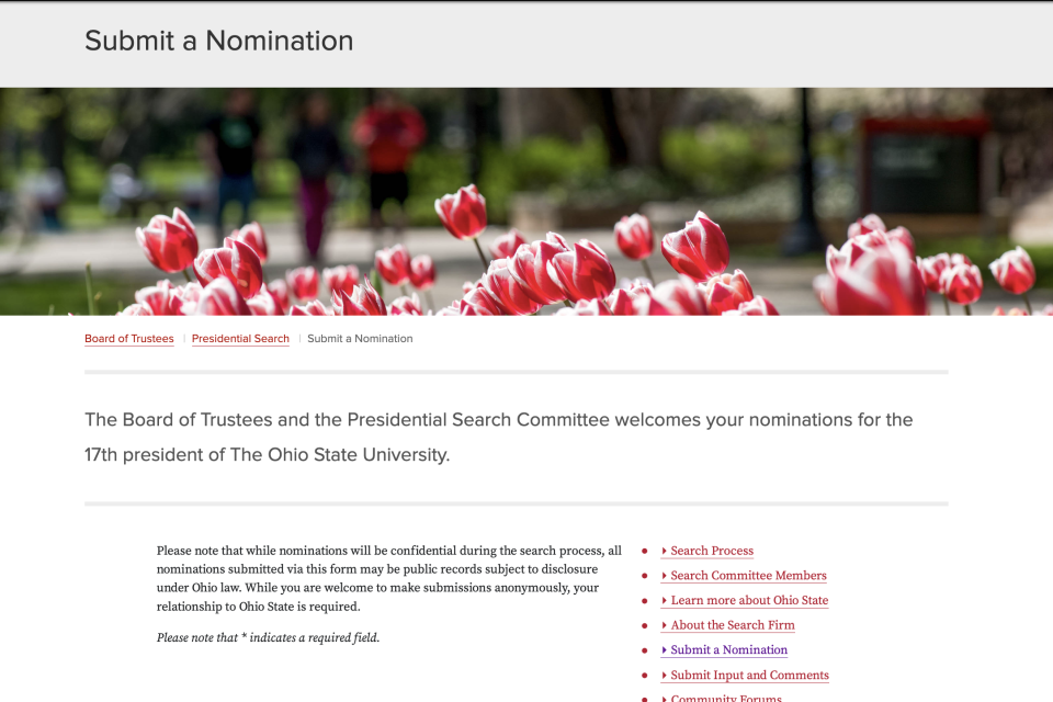 Ohio State University's Board of Trustees invited the public to submit nominations for people who they believed should be the university's 17th president.