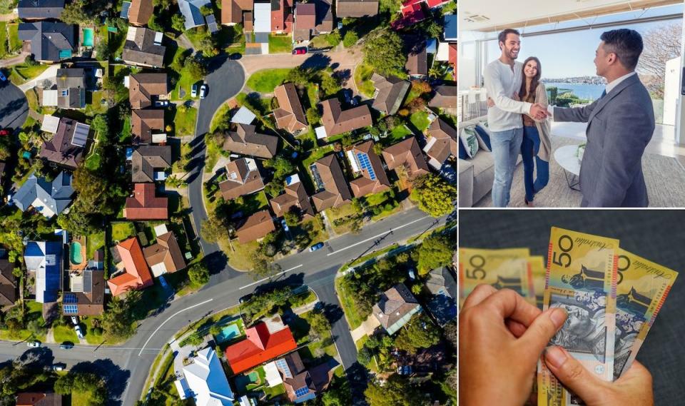 Complication image of arial view of houses with hands holding cash and a couple shaking hands with a real estate agent.