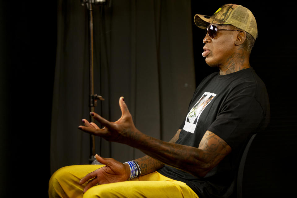 In this Monday, Sept. 9, 2019, photo, former NBA star Dennis Rodman gestures during an interview in Los Angeles. Rodman's spectacular personal highs and very public lows are the subject of the new ESPN "30 For 30" documentary "Dennis Rodman: For Better or Worse." (AP Photo/Damian Dovarganes)