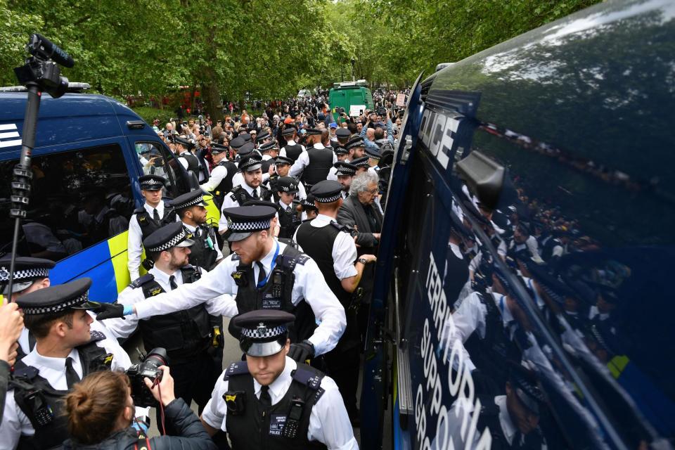 There was a large police presence as Piers Corbyn was led away in handcuffsAFP via Getty Images