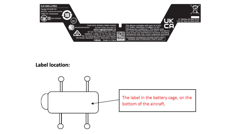 FCC filing for DJI Mini 4 Pro showing the label information