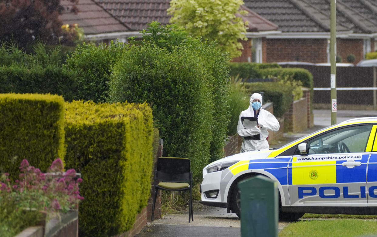Police forensics at the scene in Buckland Avenue, Basingstoke, Hampshire, after a man in his 60s and a woman in her 20s, whom had sustained serious injuries,were pronounced dead at the scene on Sunday. A 52-year-old was arrested on suspicion of murder and remains in custody. Picture date: Monday June 21, 2021.