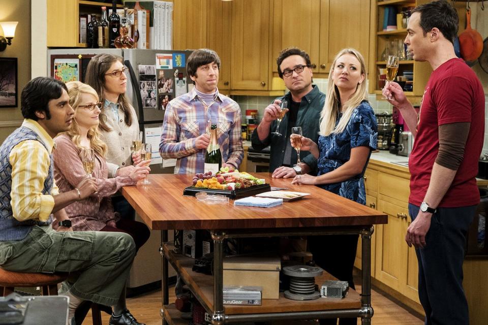 "The Gyroscopic Collapse" -- Pictured: Rajesh Koothrappali (Kunal Nayyar), Bernadette (Melissa Rauch), Amy Farrah Fowler (Mayim Bialik), Howard Wolowitz (Simon Helberg), Leonard Hofstadter (Johnny Galecki), Penny (Kaley Cuoco) and Sheldon Cooper (Jim Parsons). After Leonard, Sheldon and Wolowitz celebrate the completion of the top secret air force project, they are met with an unpleasant surprise. Also, Amy is offered a summer position as a visiting researcher, on THE BIG BANG THEORY, Thursday, May 4 (8:00-8:31 PM, ET/PT), on the CBS Television Network. Photo: Monty Brinton/CBS Ã‚Â©2017 CBS Broadcasting, Inc. All Rights Reserved.
