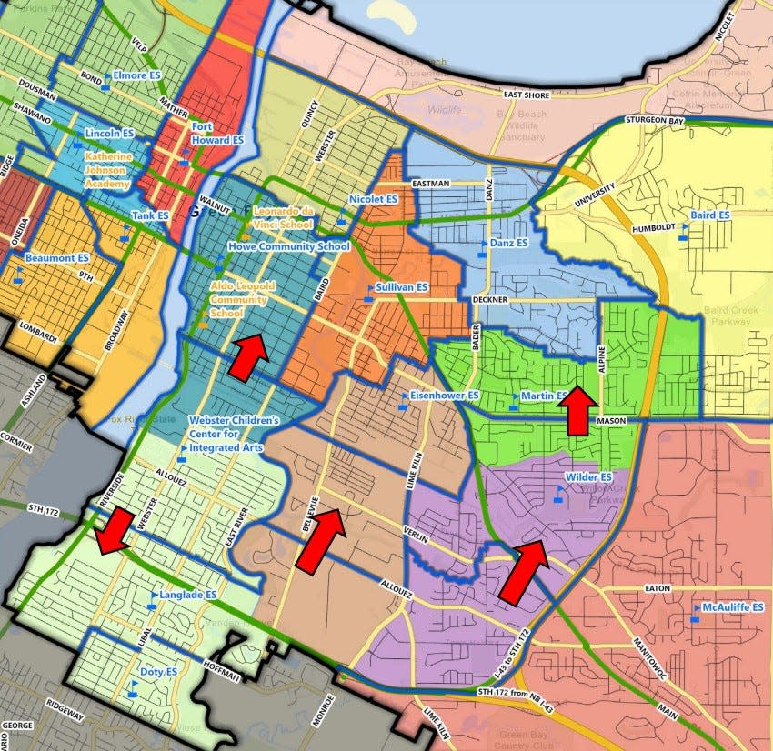 This map shows proposed changes to the Green Bay School District's east side elementary school boundaries.