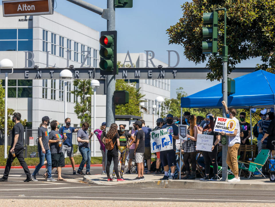 Activision Blizzard employees stage a walkout in the response from company leadership to a lawsuit highlighting alleged harassment, inequality