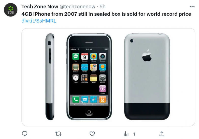 全新初代iPhone賣出天價。（圖／翻攝自推特）