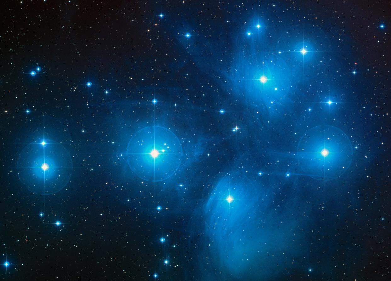 The Pleiades, an open cluster consisting of approximately 3,000 stars at a distance of 400 light-years (120 parsecs) from Earth in the constellation of Taurus. It is also known as ‘The Seven Sisters’, or the astronomical designations NGC 1432/35 and M45.