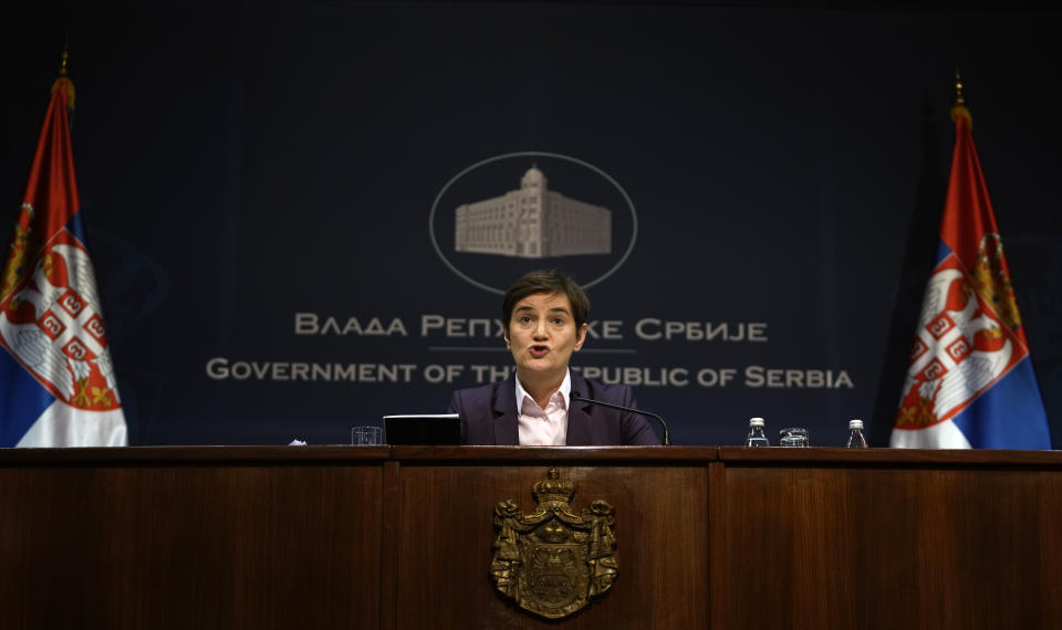 Serbian Prime Minister Ana Brnabic speaks during a press conference in Belgrade, Serbia, Thursday, Jan. 20, 2022. Trying to defuse protests by environmentalists, Serbia's populist government declared Thursday it is canceling all rights that would help mining giant Rio Tinto launch a lithium mine in the Balkan country. (AP Photo/Darko Vojinovic)