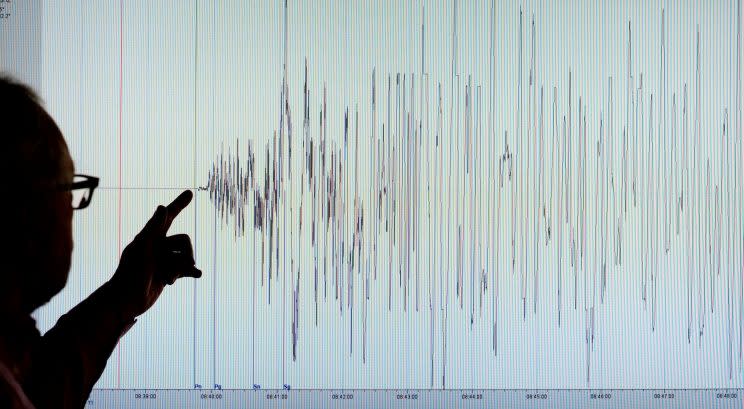 Ein Seismologe zeigt am Deutschen Geoforschungszentrum (GFZ) in Potsdam auf eine seismographische Darstellung eines Erdbebens vor der Küste Sumatras. (Bild: ddp)