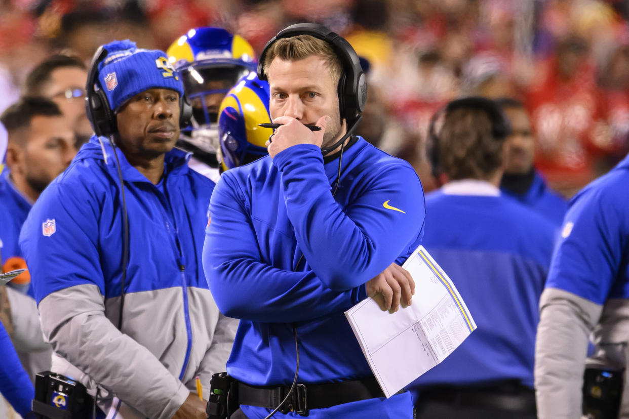 Los Angeles Rams head coach Sean McVay look on during the second half of their NFL football game against the Kansas City Chiefs, Sunday, Nov. 27, 2022 in Kansas City, Mo. (AP Photo/Reed Hoffmann)