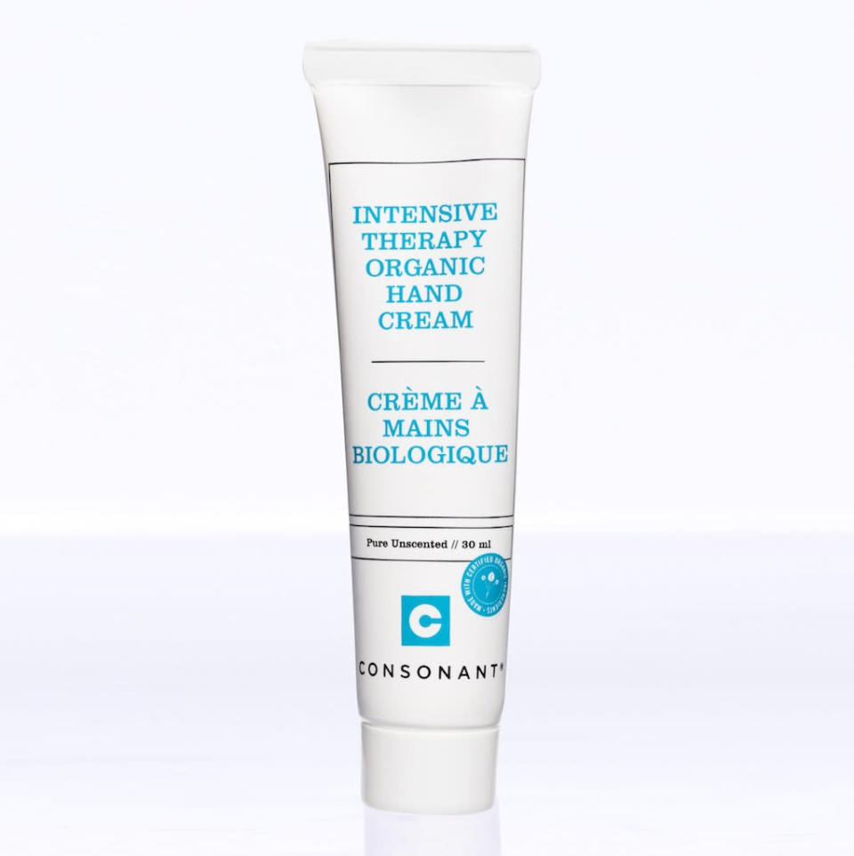 <p>Creamy without being greasy, this long-lasting hand cream will cure all of your winter woes with certified organic oils including grape seed, primrose, jojoba, and tamanu. <i>(<a href="http://www.consonantskincare.com/collections/hand-cream/products/intensive-therapy-hand-cream" rel="nofollow noopener" target="_blank" data-ylk="slk:Consonant Skincare;elm:context_link;itc:0;sec:content-canvas" class="link ">Consonant Skincare</a>, $20)</i></p>