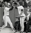 October 6, 1989: A joyful Tony Fernandez is congratulated by George Bell after scoring the goahead run in the fourth inning of the AL championship game. (Photo by Tony Bock/Toronto Star via Getty Images)