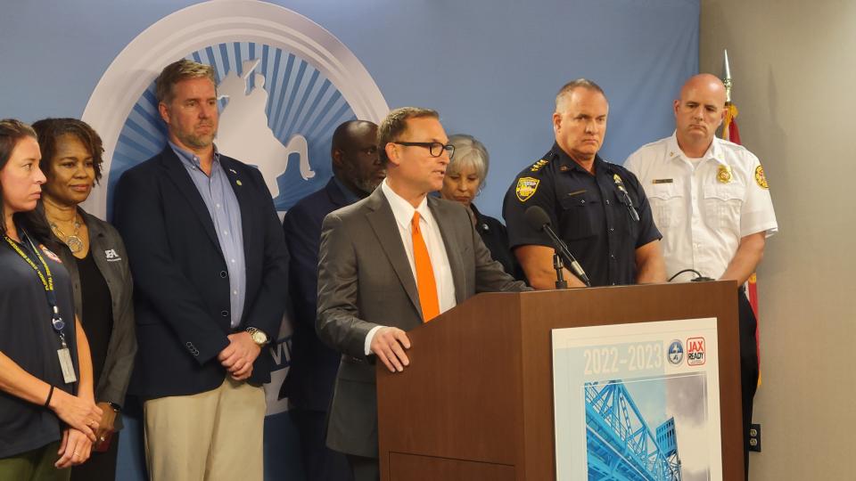 Jacksonville Mayor Lenny Curry talks about hurricane readiness at Wednesday's news conference, flanked at right by Undersheriff Pat Ivey and Fire Chief Keith Powers.