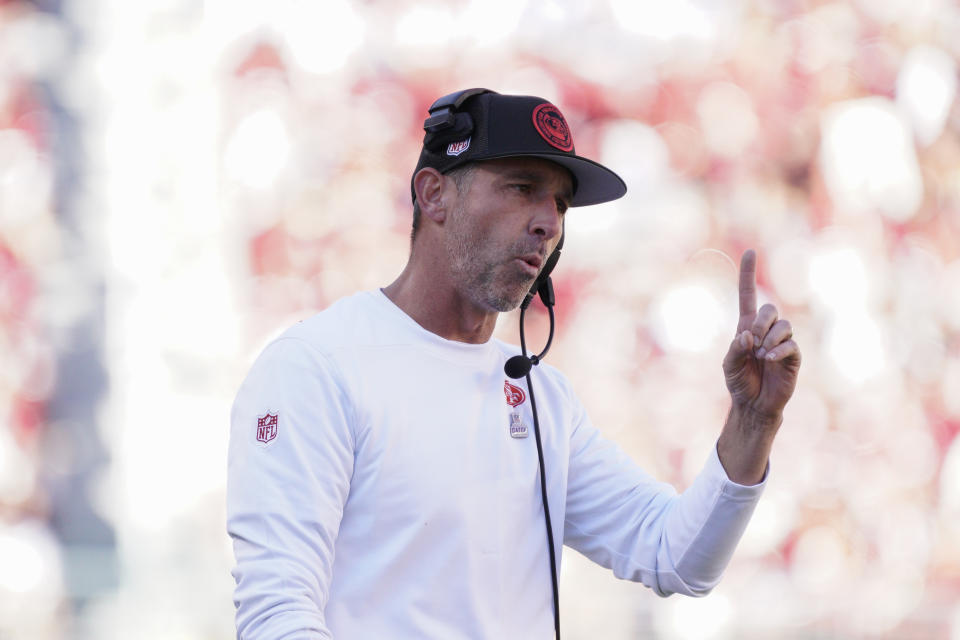 SANTA CLARA, CALIFORNIA - OCTOBER 29: Head coach Kyle Shanahan of the San Francisco 49ers looks on during the second quarter of the game against the Cincinnati Bengals at Levi's Stadium on October 29, 2023 in Santa Clara, California. (Photo by Loren Elliott/Getty Images)