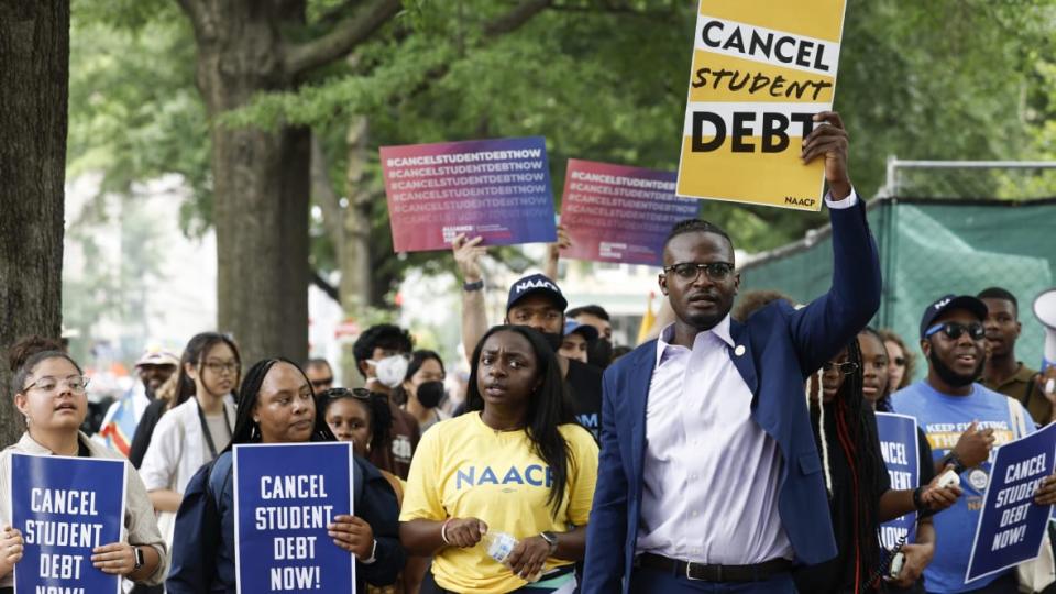 People for student debt relief demonstrate in front of the White House after the U.S. Supreme Court struck down President Biden’s student debt relief program on June 30, 2023 in Washington, DC. (Photo by Anna Moneymaker/Getty Images)