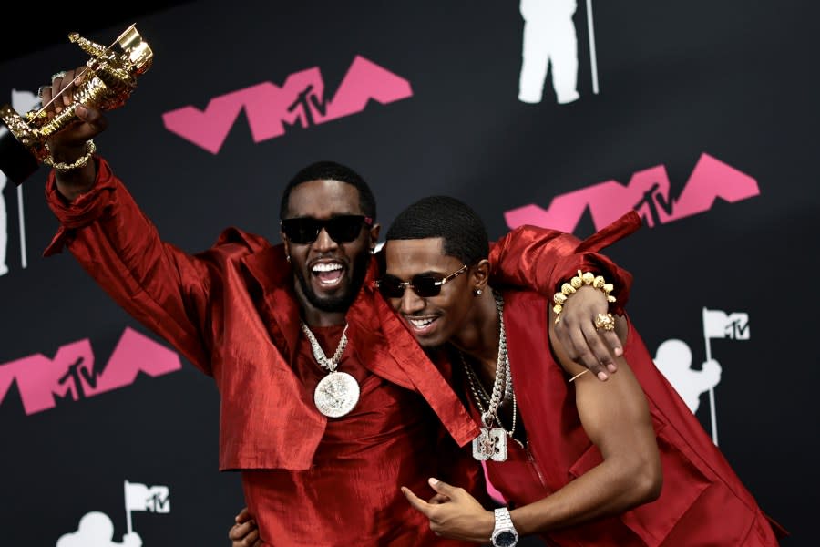 NEWARK, NEW JERSEY – SEPTEMBER 12: Diddy (L) poses in the press room with his Global Icon Award and his son King Combs (R) at the 2023 MTV Video Music Awards at Prudential Center on September 12, 2023 in Newark, New Jersey. (Photo by Dimitrios Kambouris/Getty Images)