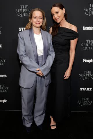 <p>Todd Williamson/Shutterstock</p> Samantha Morton and Minnie Drive at 'The Serpent Queen' season 2 screening