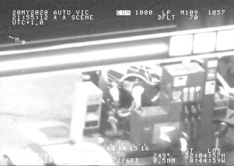 Undated handout scrrengrab form footage take by a police helicopter by Metropolitan Police of Marian Vasilica Dragoi being apprended after a a police chase on May 20, 2020. The teenager has pleaded guilty to dangerous driving after hitting speeds of 180mph on his motorbike during a 30-minute police chase.