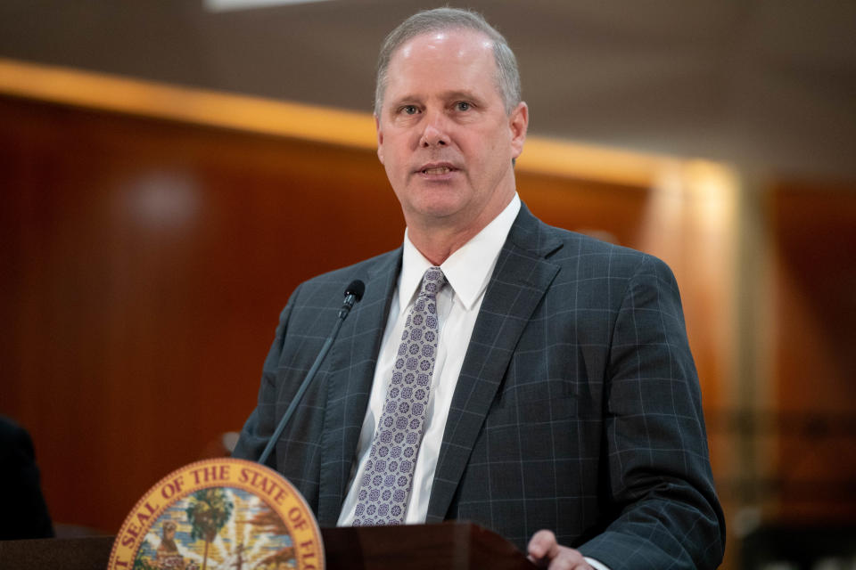 Senate President Wilton Simpson speaks during a press conference where Gov. Ron DeSantis signed into law SB 72, giving COVID liability protections to Florida businesses in the Cabinet meeting room of the Capitol Monday, March 29, 2021.