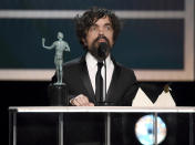 FILE - Peter Dinklage accepts the award for outstanding performance by a male actor in a drama series for "Game of Thrones" at the 26th annual Screen Actors Guild Awards on Jan. 19, 2020, in Los Angeles. (AP Photo/Chris Pizzello, File)