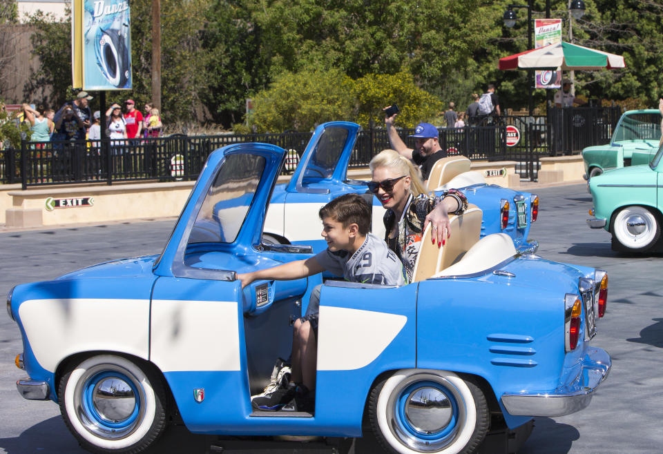 (March 10, 2016) Gwen Stefani and son Kingston Rossdale, 9, ride Luigiï¿½s Rollickinï¿½ Roadsters, the all-new Cars Land attraction at Disney California Adventure Park in Anaheim, Calif., on Thursday, March 10, 2016. (Paul Hiffmeyer/Disneyland Resort)