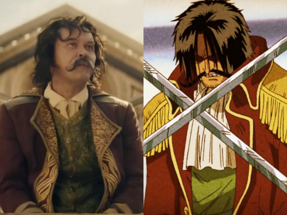 left: gold roger in netflix's one piece, with disheveled long hair and a mustache; right: gold roger in the anime, in a similar state and with two swords crossing in front of him