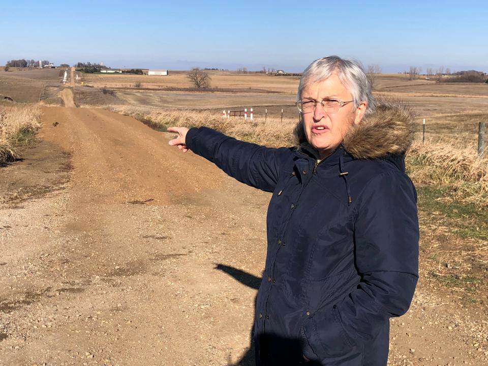 Peggy Hoogestraat points to the piece of her farmland west of Hartford where the Dakota Access Pipeline is buried beneath the surface. Hoogestraat is one of the most vocal opponents of pipeline projects built on private property, and she is once again fighting to protect landowner rights during the siting of two carbon capture pipelines proposed for eastern South Dakota.