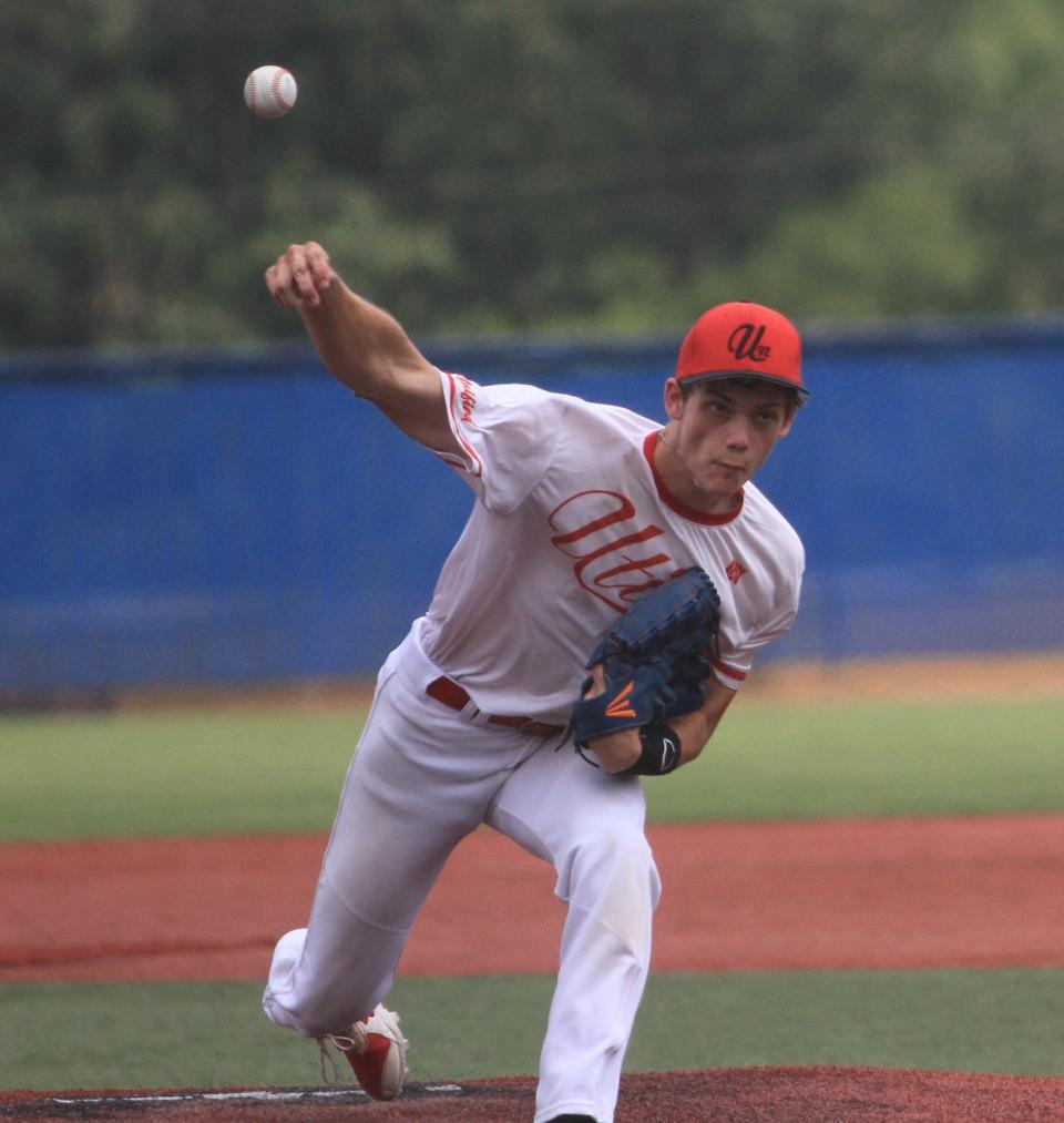 Newark's Thomas Olon pitches for Utica Post 92 against Sidney Post 217 on Monday.