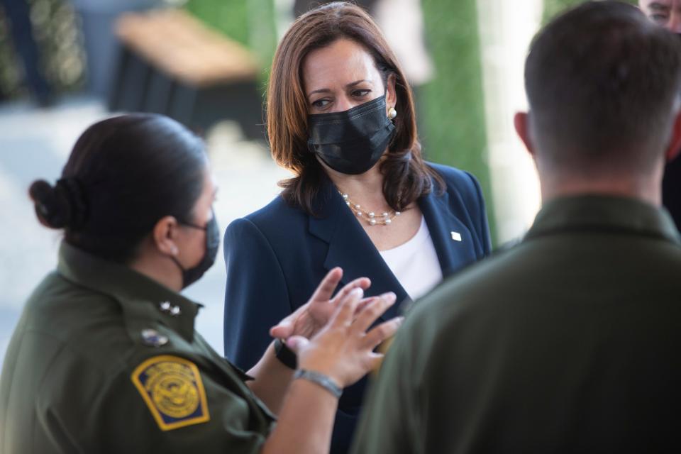 U.S. Border Patrol El Paso Sector Chief Patrol Agent Gloria I. Chavez speaks to Vice President Kamala Harris at the Customs and Border Protection processing center on Hondo Pass Drive in Harris’ tour of the Northeast El Paso facility on June 25, 2021.