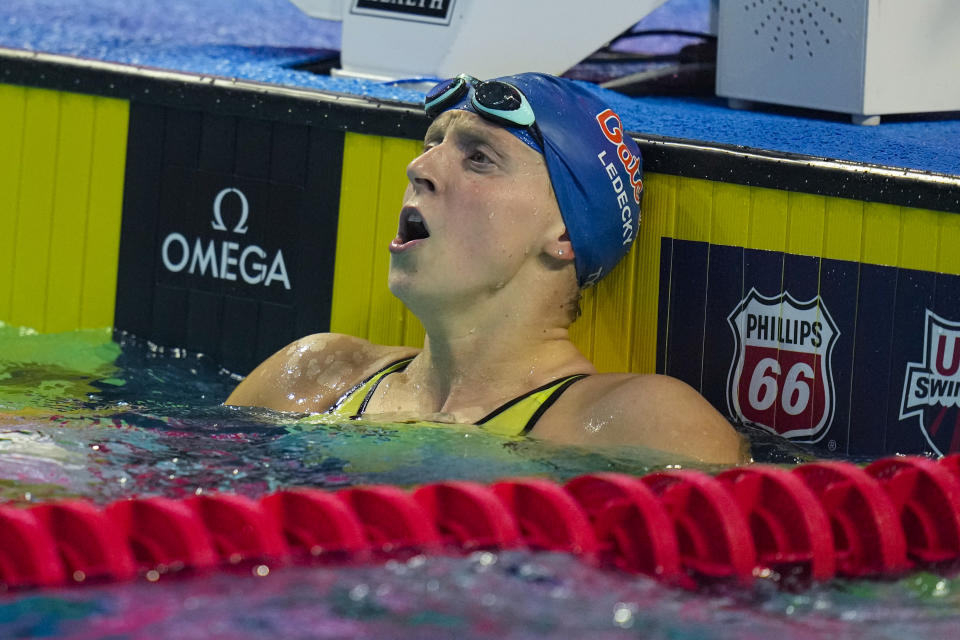 Katie Ledecky reacts after winning the women's 800-meter freestyle at the U.S. national championships swimming meet in Indianapolis, Tuesday, June 27, 2023. (AP Photo/Michael Conroy)