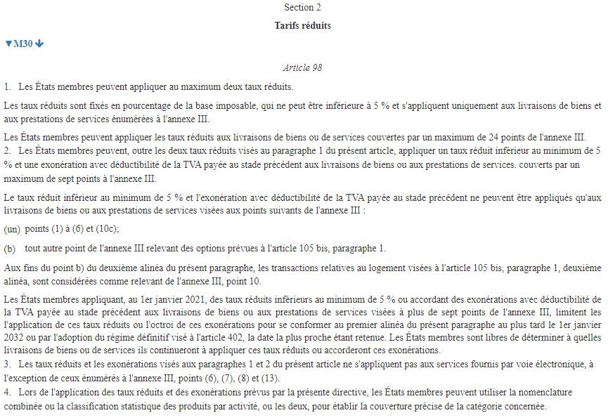 <span>Capture d'écran, réalisée le 27 juin 2024, de l'article de la directive européenne TVA permettant des taux réduits sur certains produits</span>