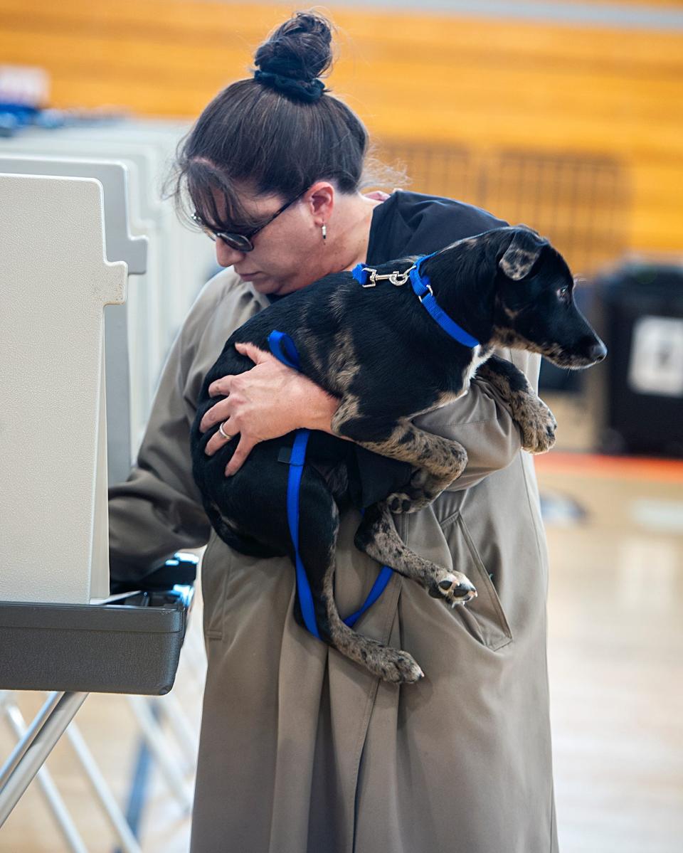 Arielle Shearer with her dog, Harvey Dent in tow, votes at the Franklin, Ma. municipal election in the Franklin High School gym, Nov. 7, 2023.