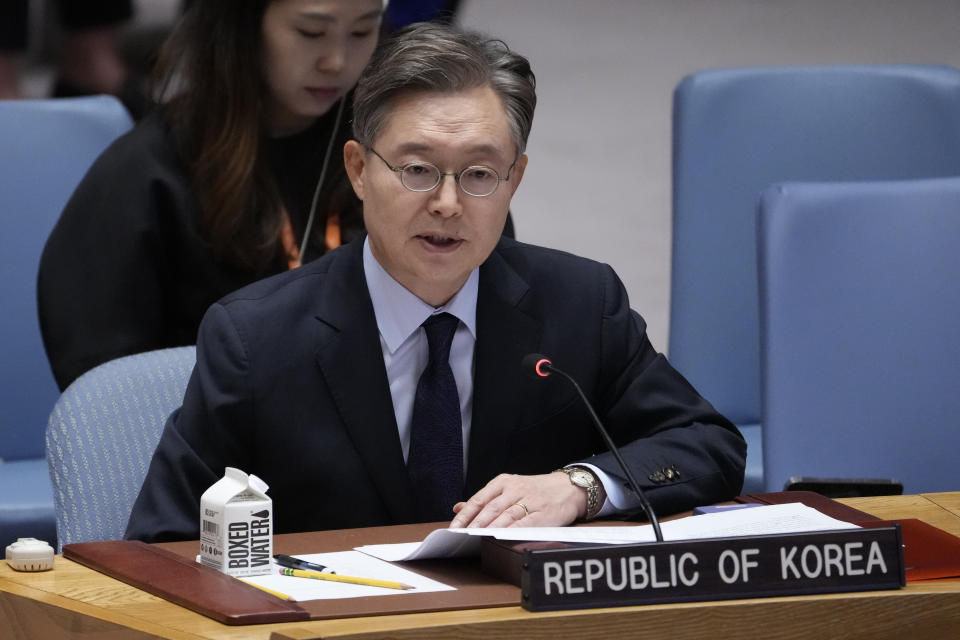 Hwang Joon-kook, South Korea’s U.N. ambassador, speaks during a meeting of the United Nations Security Council to discuss the situation in the North Korea, Thursday, Aug. 17, 2023, at United Nations headquarters. (AP Photo/John Minchillo)