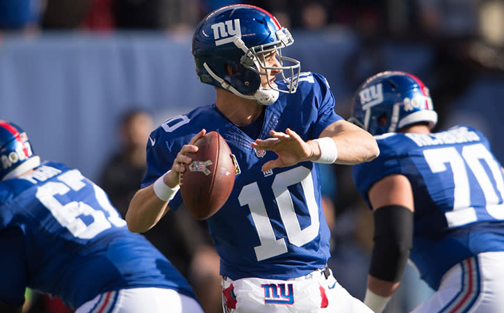 Nov 6, 2016; East Rutherford, NJ, USA; New York Giants quarterback Eli Manning (10) throws the ball against the Philadelphia Eagles during the first half at MetLife Stadium.