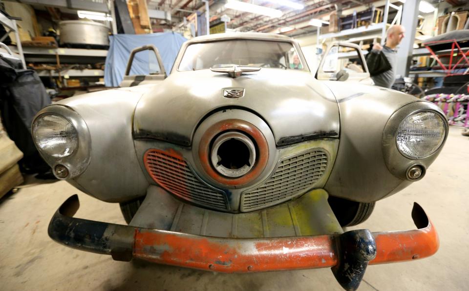 The front of the 1951 Studebaker Commander that was part of the 1979 film "The Muppet Movie" is seen Friday, Jan. 12, 2024, at the Studebaker National Museum in South Bend.