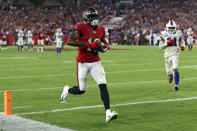 Tampa Bay Buccaneers wide receiver Breshad Perriman (16) scores on a 55-yard touchdown pass from quarterback Tom Brady during overtime of an NFL football game against the Buffalo Bills Sunday, Dec. 12, 2021, in Tampa, Fla. (AP Photo/Mark LoMoglio)